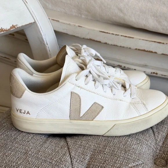 Veja White Leather Sneakers with Beige Suede V Detail - Picture 1 of 6